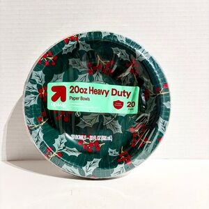 Up&Up Paper Bowls 20oz Heavy Duty 20ct Green Holly Berry Holiday Christmas  NEW